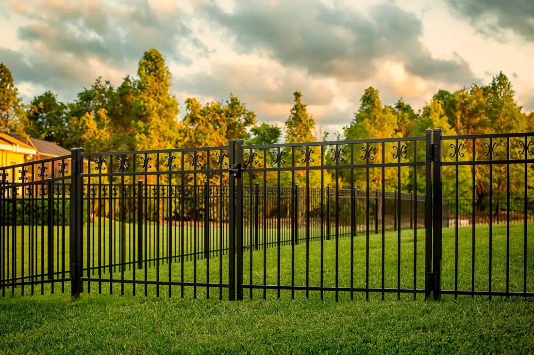 Black aluminum fence along a backyard