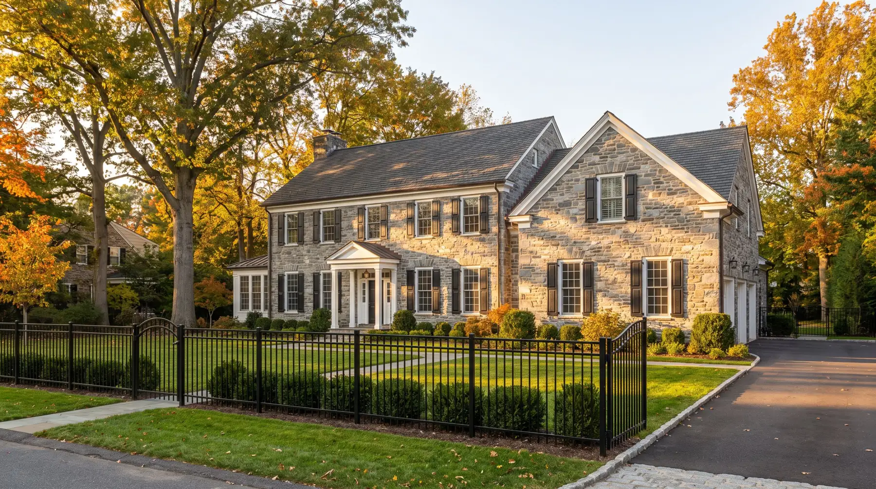 Black aluminum fence in front of a stone colonial