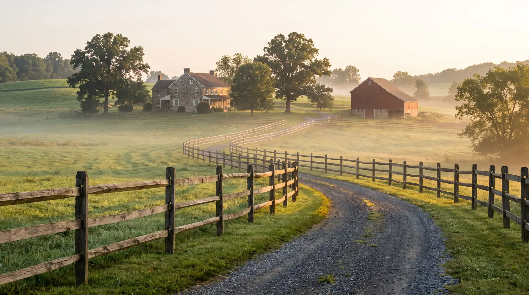 Wooden split rail fence in front of a farmhouse and barn in open country