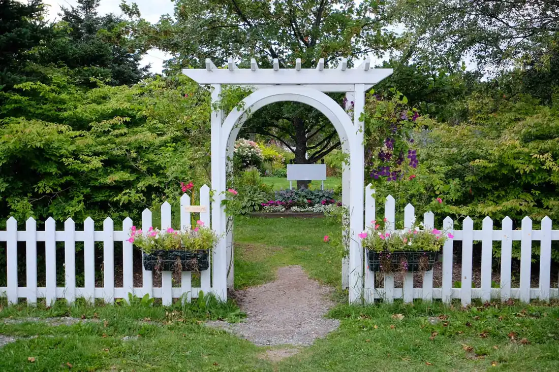 White picket fence with a garden arbor